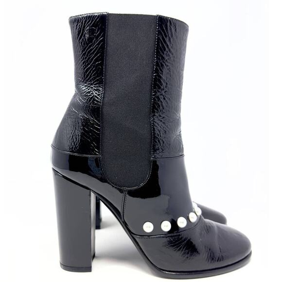 Chanel Boots CC LOGO Pearl Black Leather Mid Calf Chelsea Platform Heel Shoes 39 - Picture 3 of 11